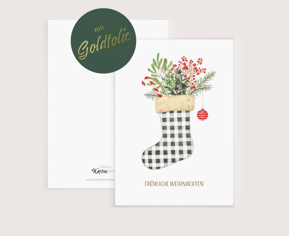 a christmas card with a stocking filled with flowers