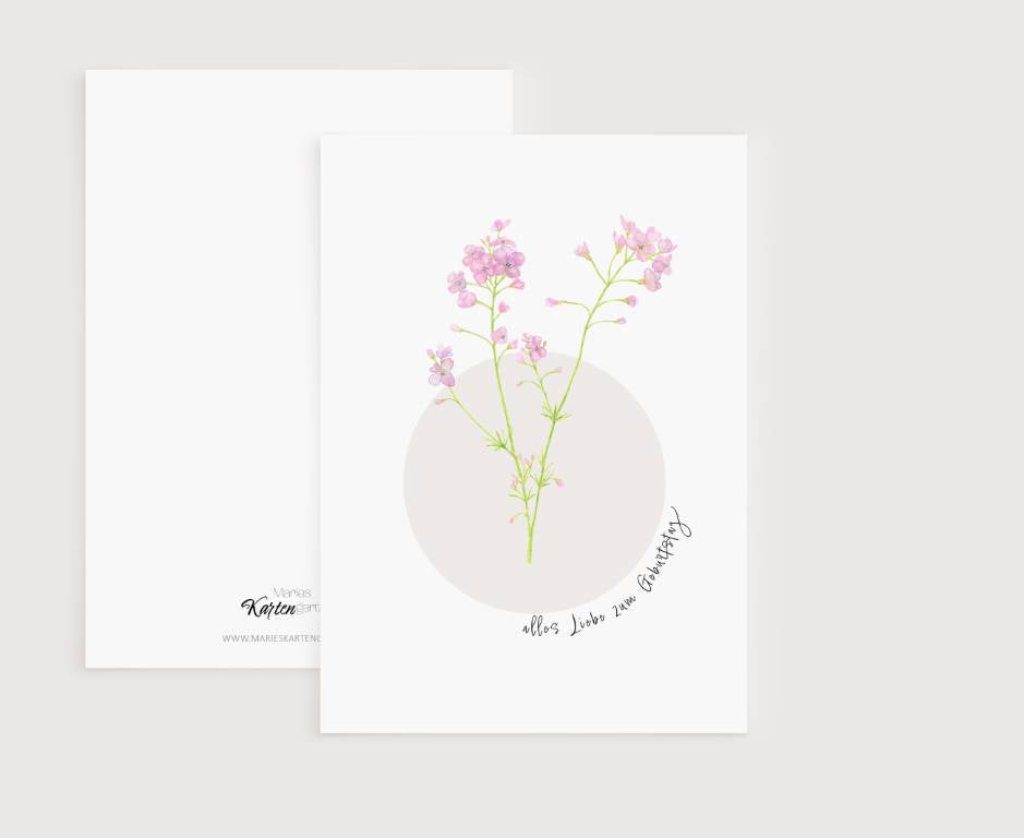 a greeting card with pink flowers on a white background