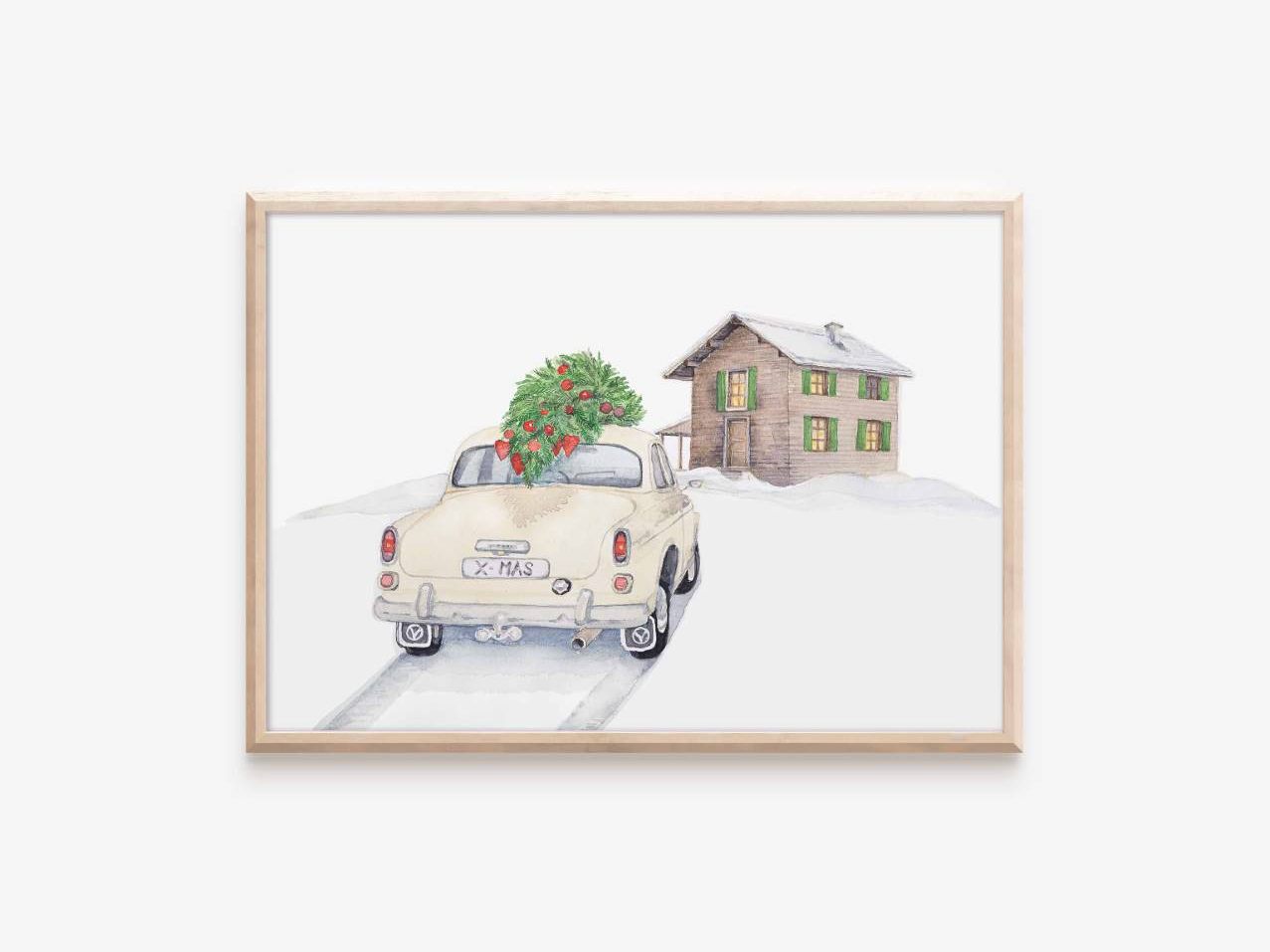 a painting of a car with a christmas tree on top