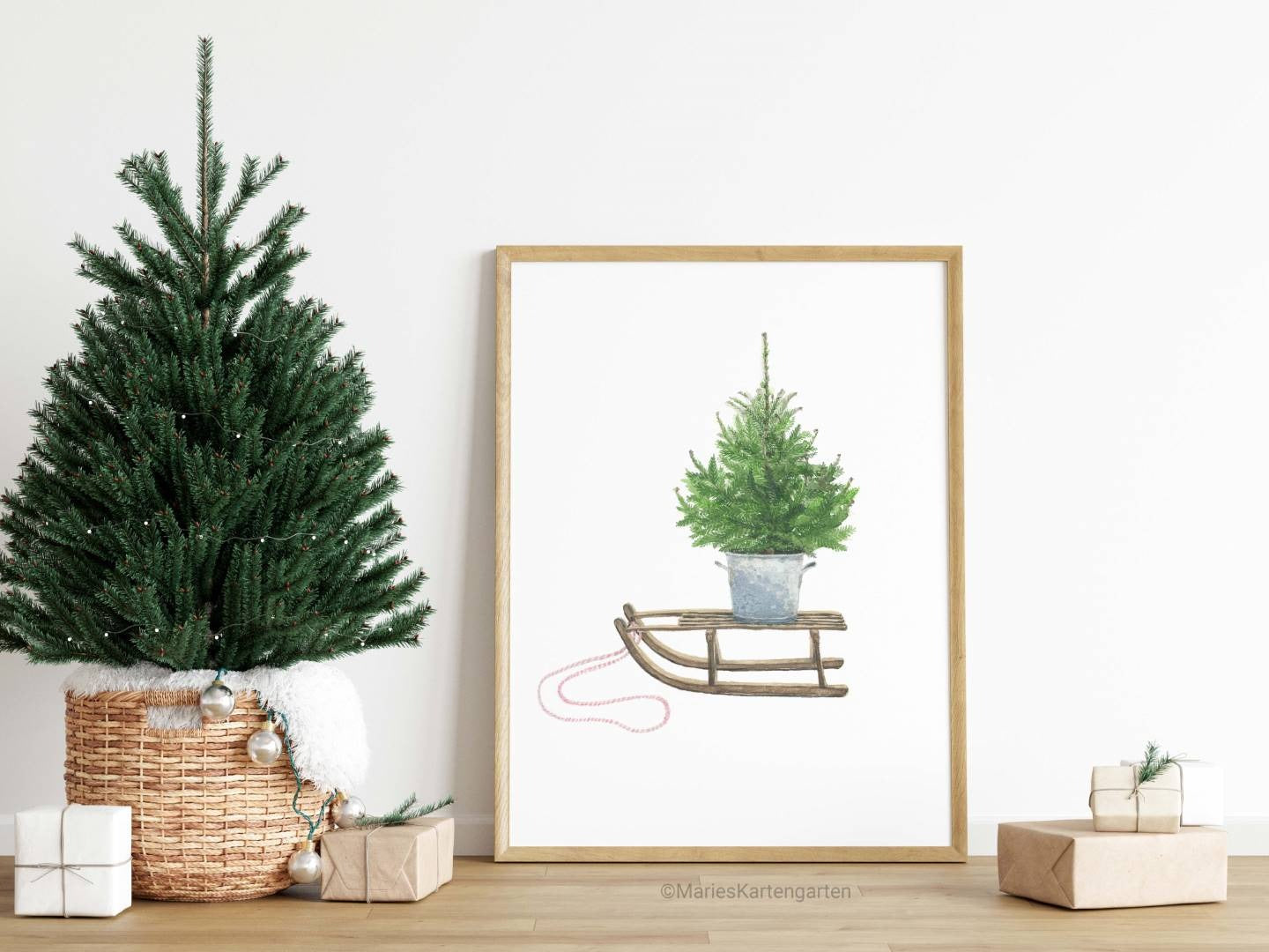 Schlitten mit Tannenbau, Fine-Art-Print, Weihnachtsposter