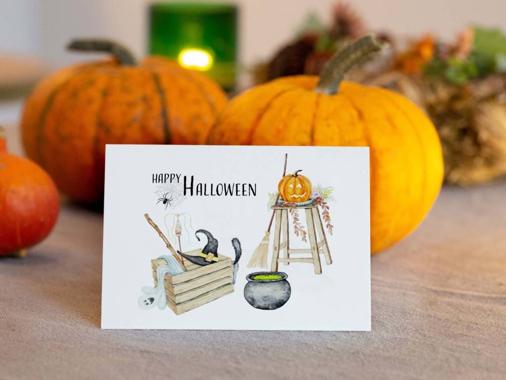 Postkarte - Kürbis mit Hexe
