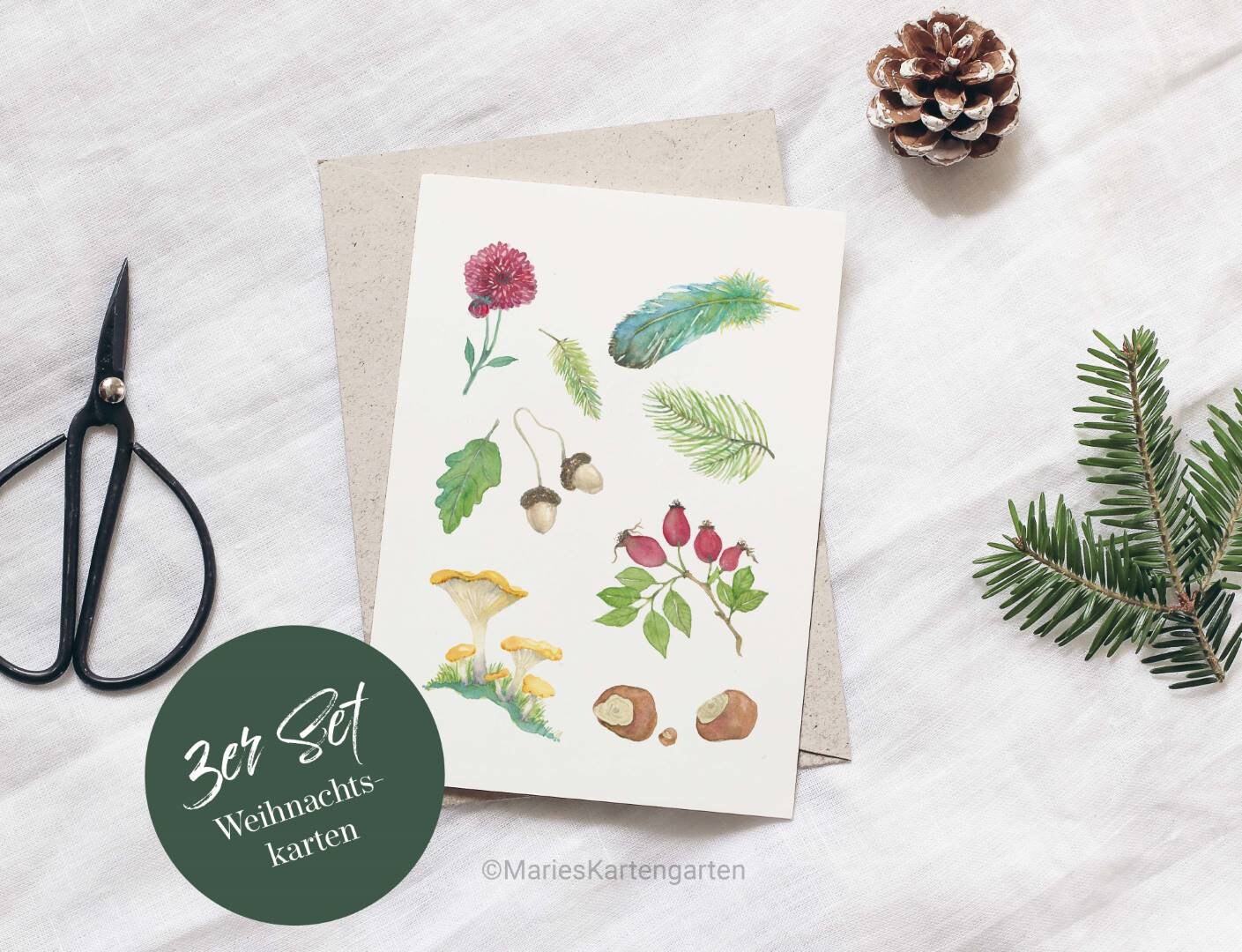 3er Set Weihnachtskarten - winterliche Gegenstände