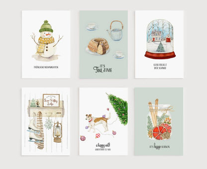 a set of four christmas cards with a snowman, a snow globe, a