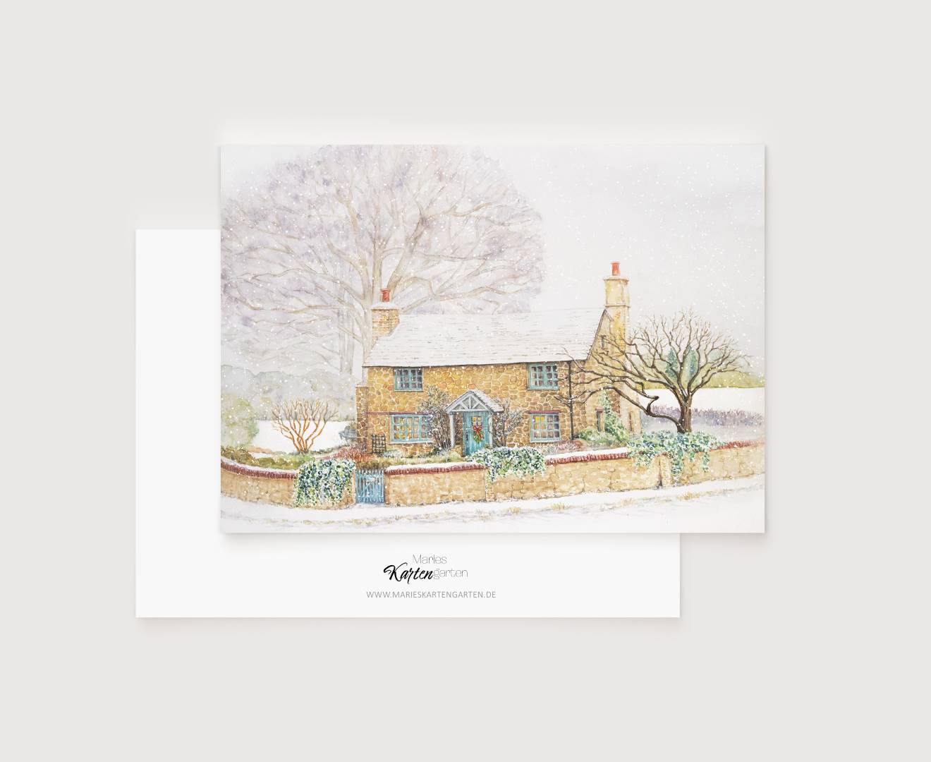 a painting of a house in the snow