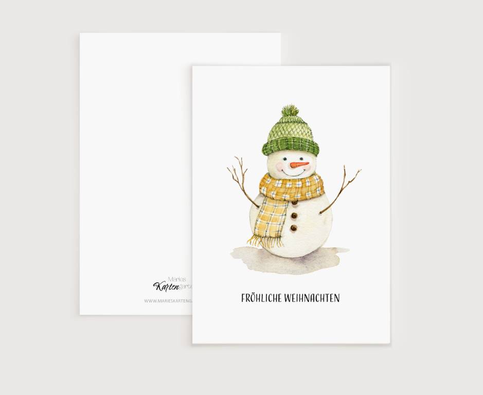 a card with a snowman wearing a green hat and scarf