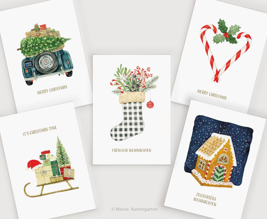 four christmas cards with a car, a house, a christmas tree, and a