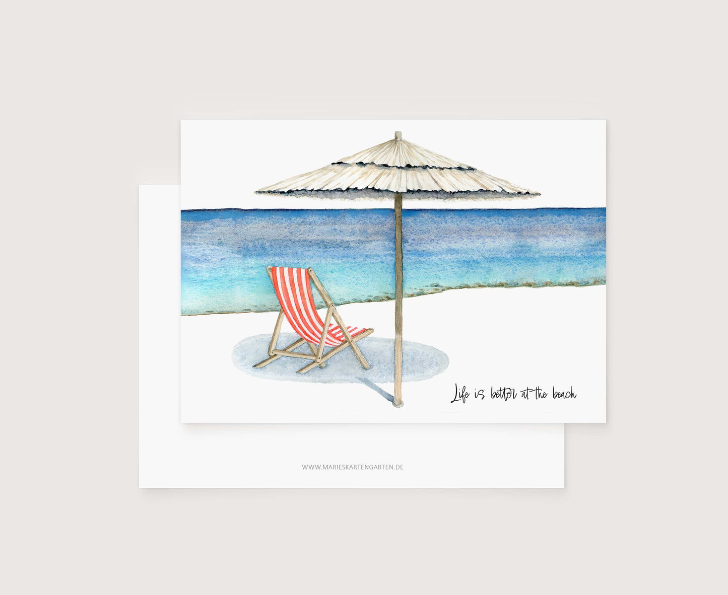 a watercolor painting of a beach chair and umbrella