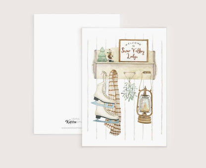 a card with a picture of a shelf and a lantern