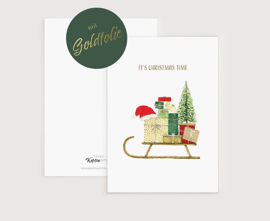 a christmas card with presents on a sleigh