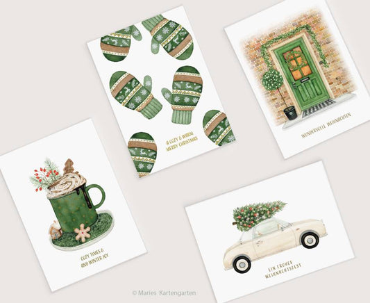 four christmas cards with a car and a cup of coffee