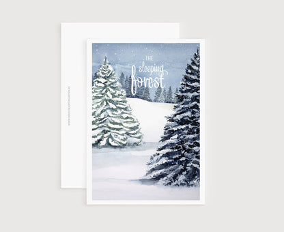 a christmas card with a snowy landscape and evergreen trees