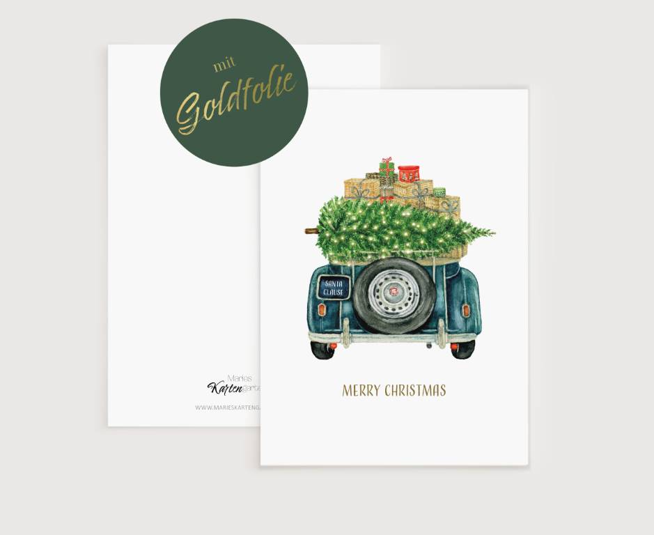 a christmas card with a car carrying a christmas tree