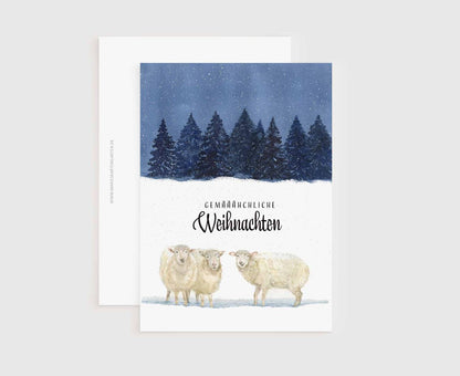 a card with two sheep standing in the snow