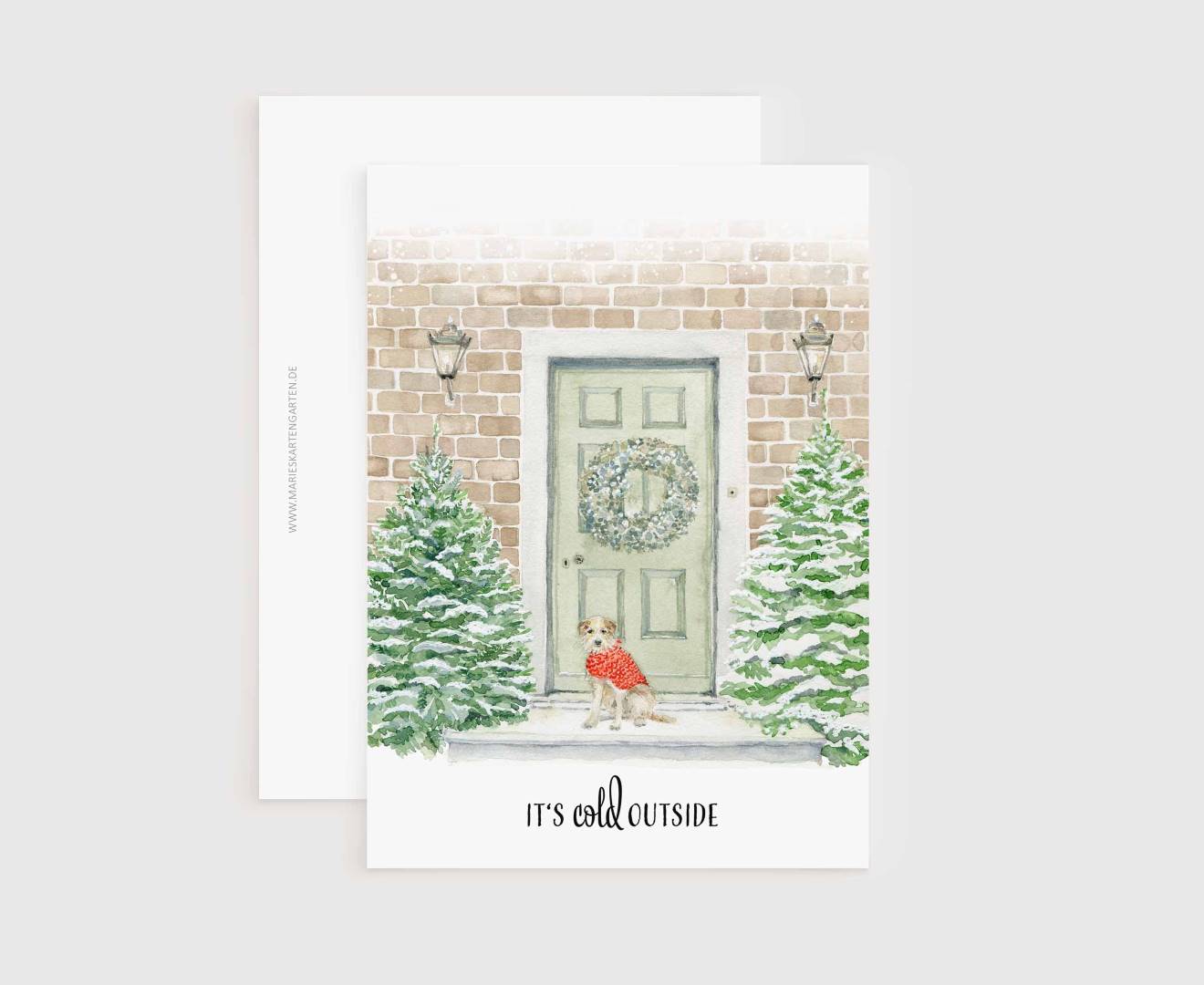 a christmas card with a watercolor painting of a dog in front of a door