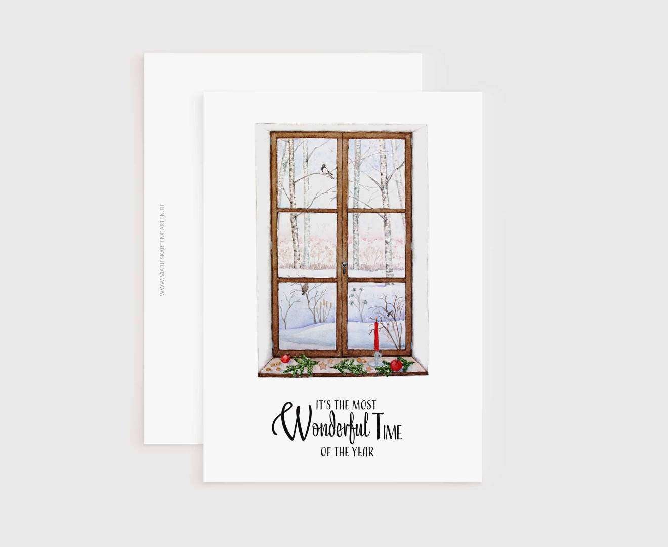 a christmas card with a picture of a window