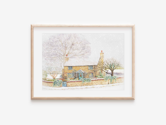 a painting of a house in the snow