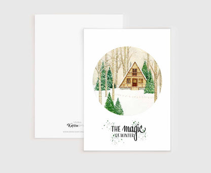 a card with a picture of a cabin in the woods