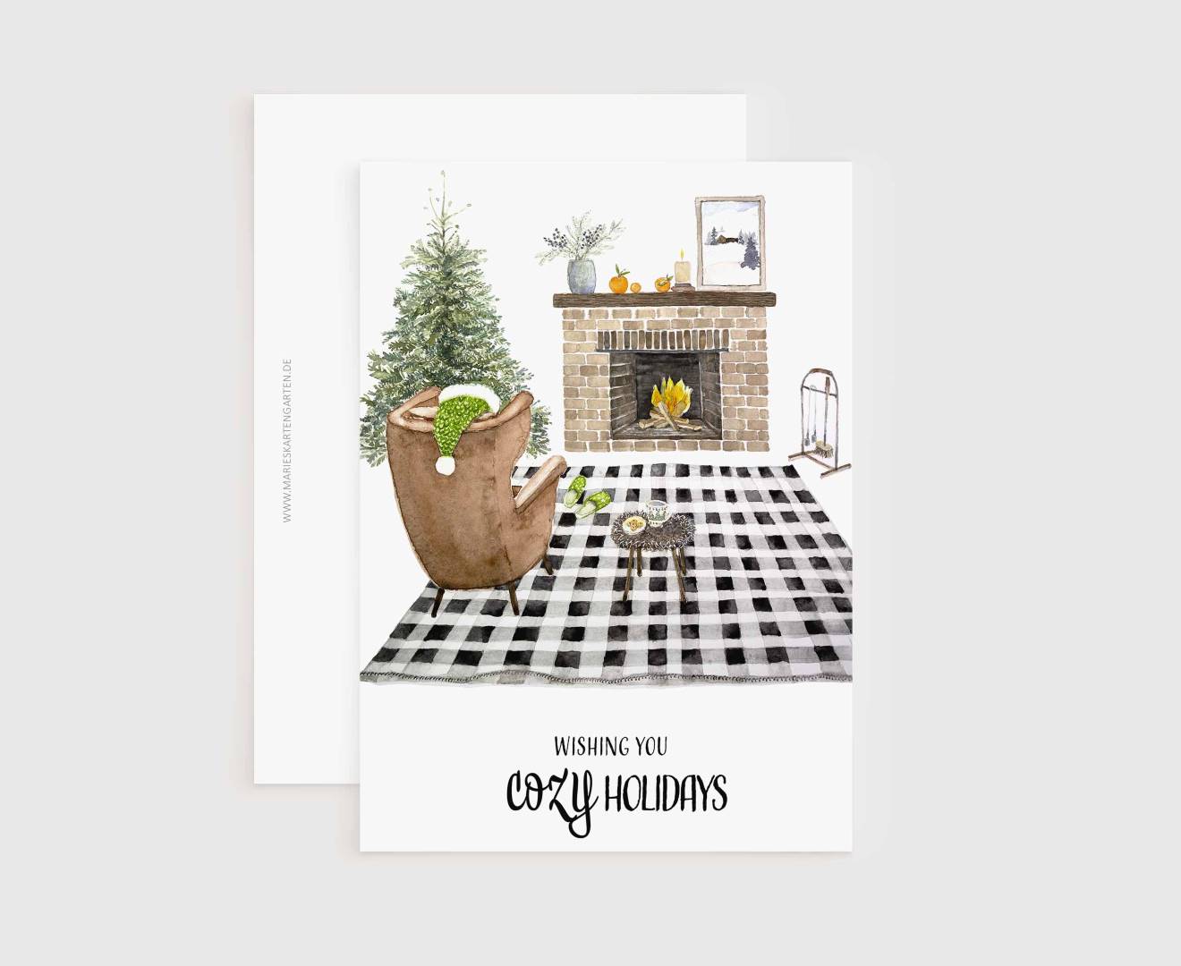 a christmas card with a potted plant and a fireplace