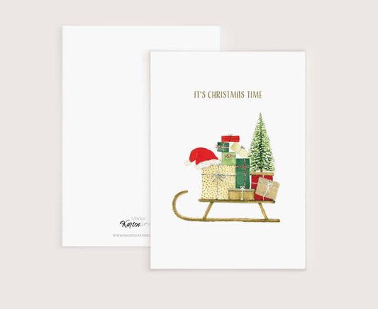 a christmas card with presents on a sleigh