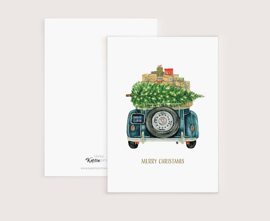 a christmas card with a car carrying a christmas tree