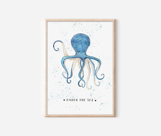 a blue and white octopus print with the words under the sea