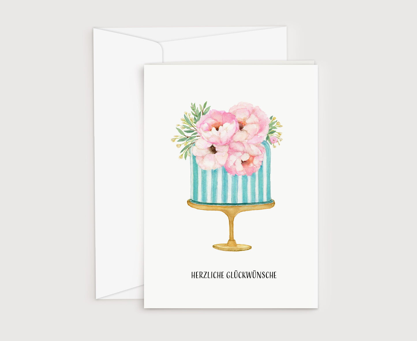 a card with a blue and white striped cake with pink flowers