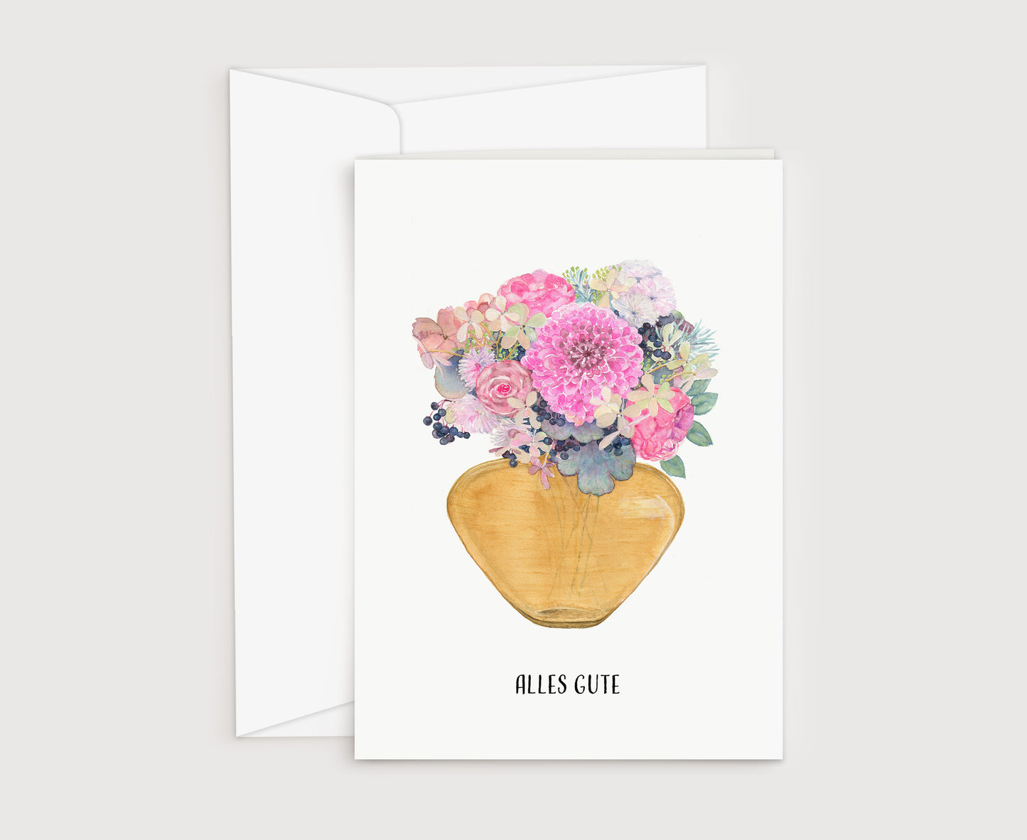 a greeting card with a yellow vase filled with flowers