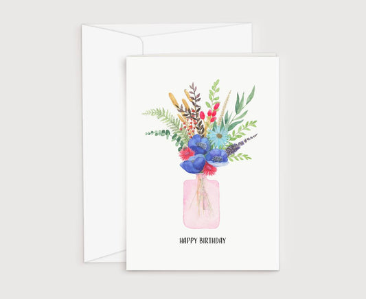 Geburtstagskarte_blaue Blumen in einer rosa Vase