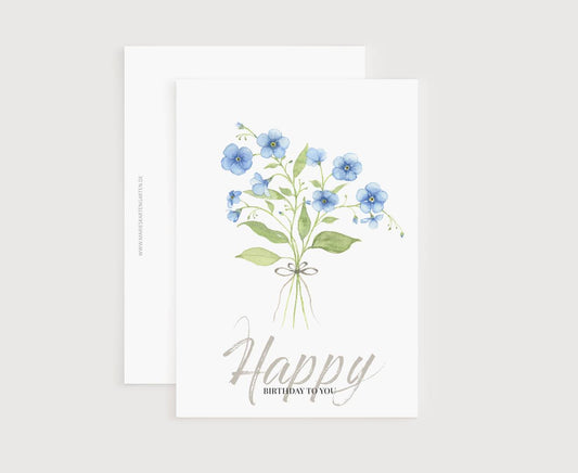 Geburtstagskarte mit Vergissmeinnicht, lilla Blumen