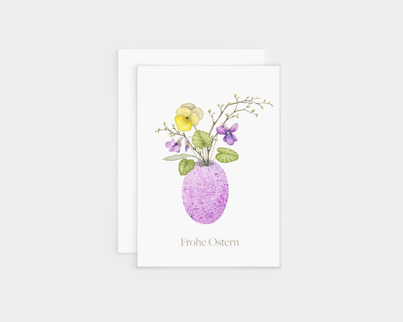 a card with a purple vase filled with flowers