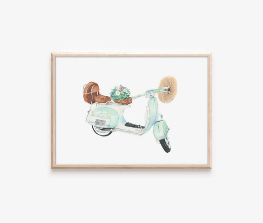 a painting of a scooter with a basket of flowers