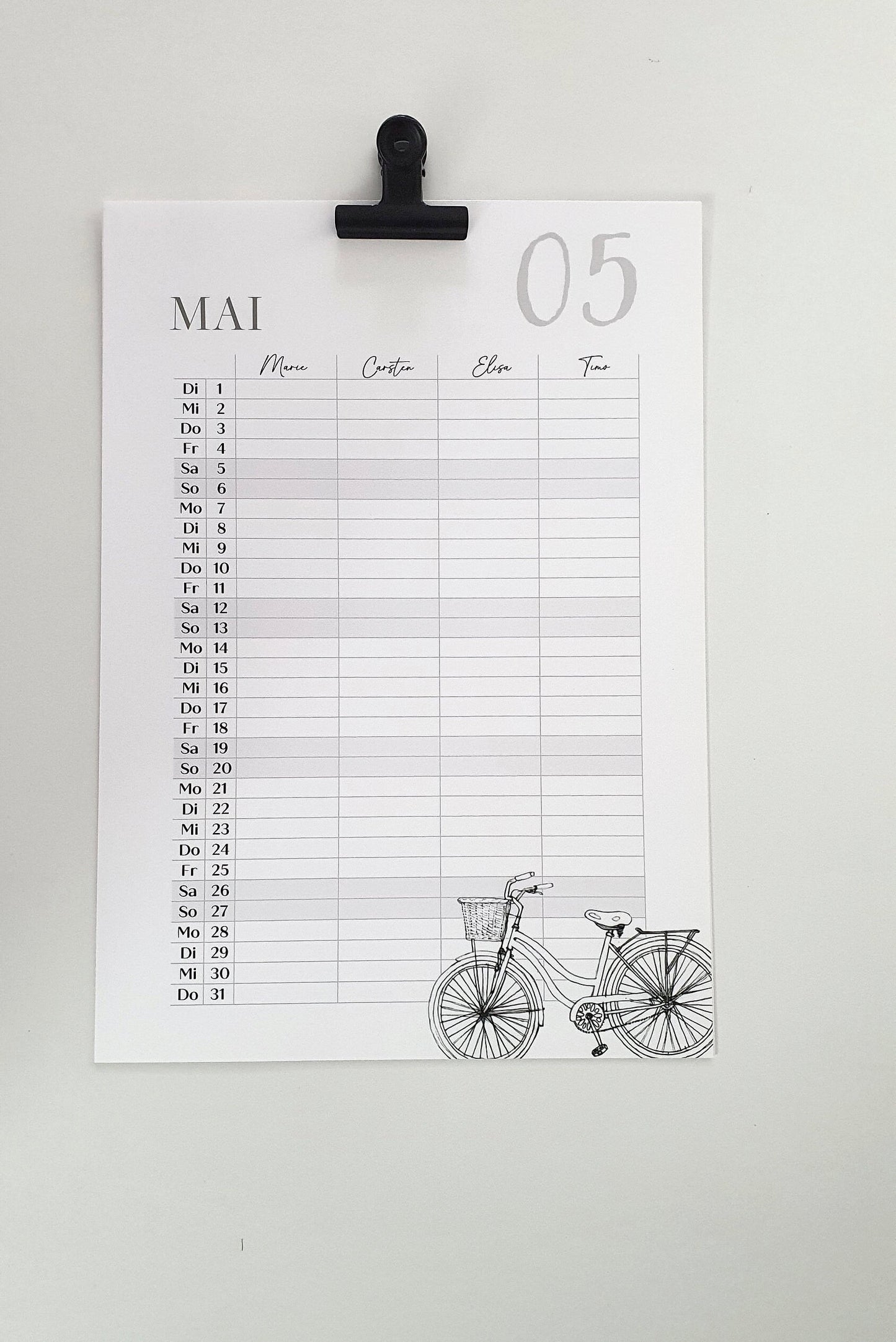 a calendar with a bicycle drawn on it